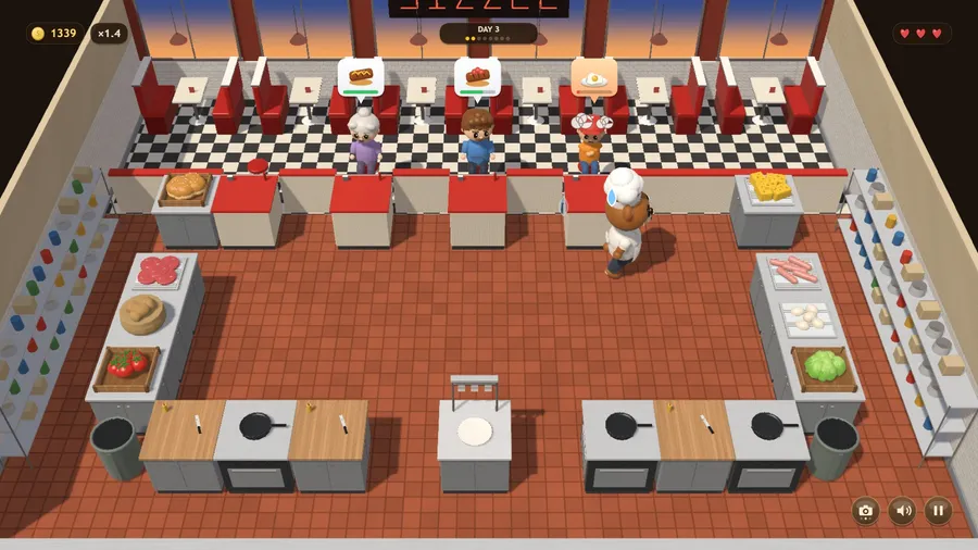 Day 3, overhead: the teddy-bear chef on the red-tile line, three regulars at the counter, one steaming; 1339 coins, ×1.4