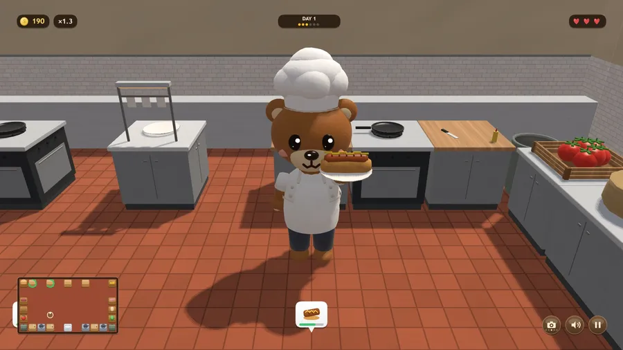 Facing the chef: the bear chef carries a hot dog toward the camera, the range behind him, the kitchen plan in the corner