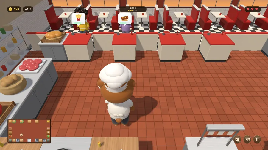 Behind the chef: over the bear’s shoulder to the counter, two regulars waiting under their order bubbles, the diner beyond