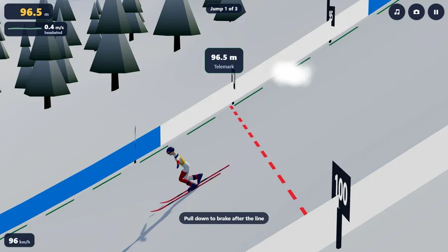 Seen from beside the hill, a jumper lands in a telemark, knees bent and one ski ahead, next to the distance boards.