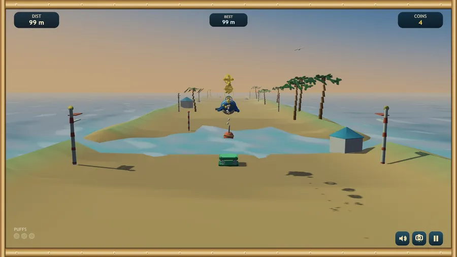 Behind the skipjack in flight at 99 m over a tide pool, a green bounce pad below and a gold ring ahead; 7 coins