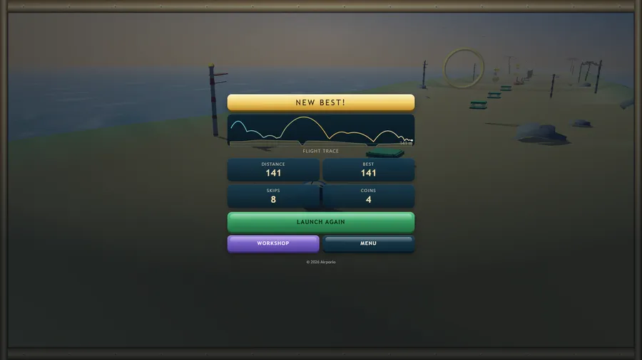 Run-over card reading NEW BEST! with distance 141, best 141, skips 8, coins 4 and Launch Again, Workshop and Menu