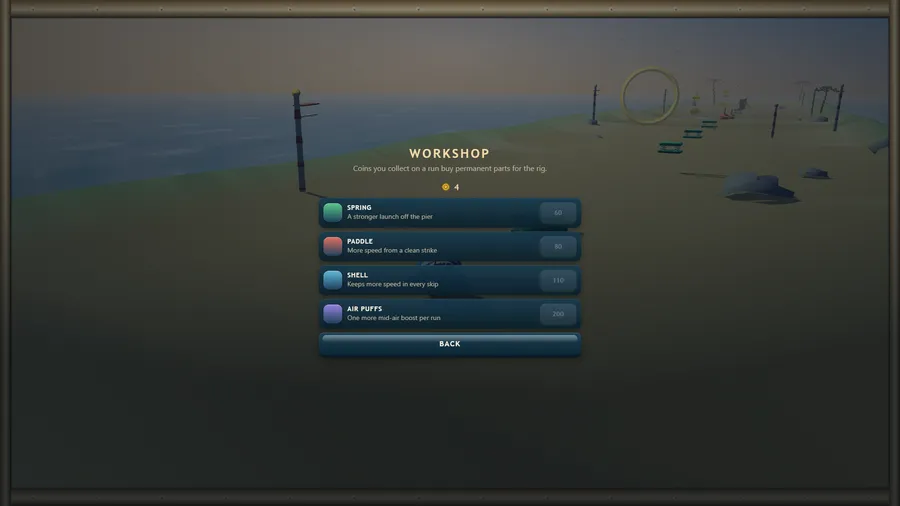 Workshop list of Spring, Paddle, Shell and Air Puffs upgrades priced 60, 80, 110 and 200, with 4 coins