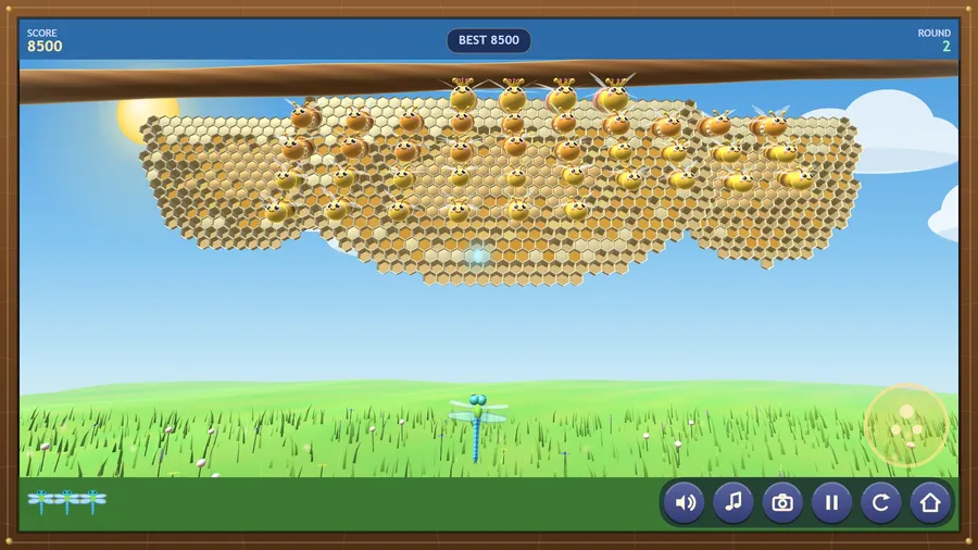 Close view behind the blue dragonfly, round 2: smiling bees hover before the comb as a puff of light rises; score 8500