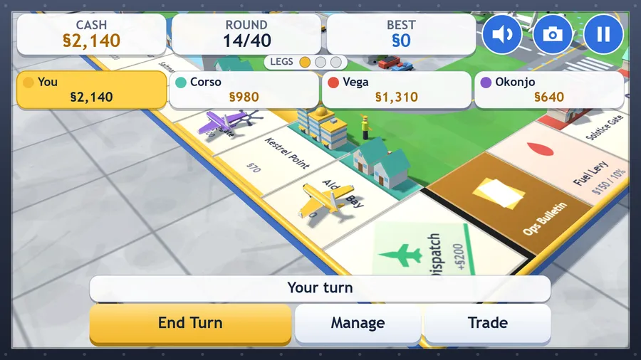 Round 14/40 on a lit 3D airport board: You §2,140, Corso §980, Vega §1,310, Okonjo §640, with End Turn, Manage and Trade