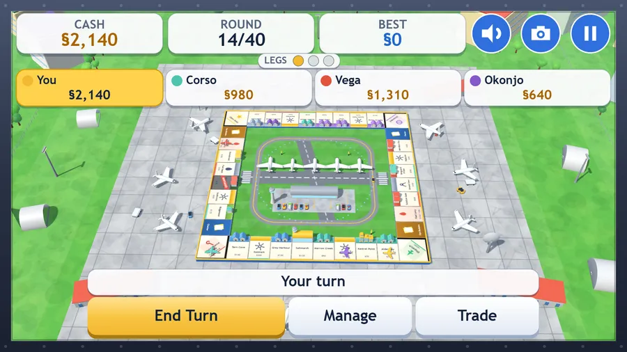 Board camera: the whole 36-tile airport ring from above, every route's buildings and all four aircraft in view