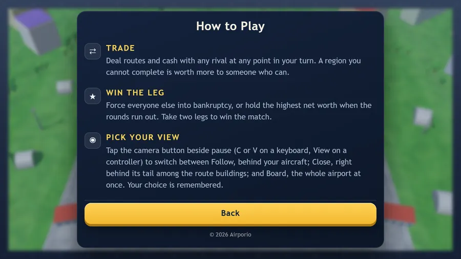 How to Play scrolled to Trade, Win the leg and Pick your view, which explains the Follow, Close and Board cameras