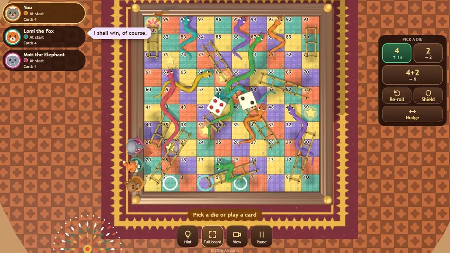Full-board view in Choice mode: two dice resting among snakes and bamboo ladders, with a panel to pick a die.