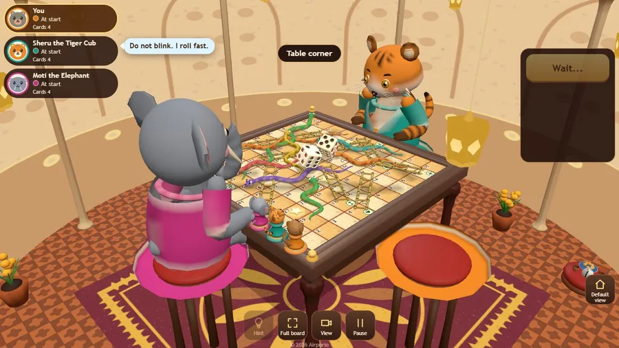 Seat view in a lantern-lit veranda: two ivory dice tumble over the board while animal rivals wait on their stools.
