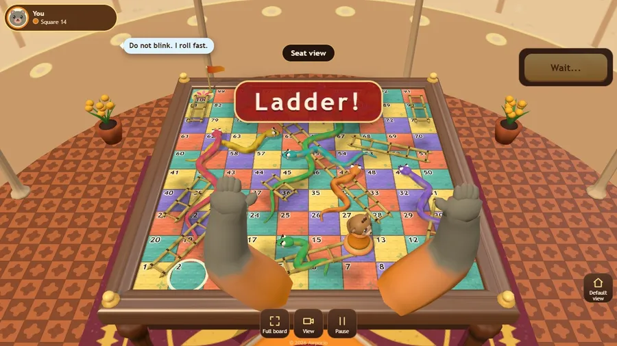 A monkey pawn climbs a lashed-bamboo ladder on the classic board, seen from the player's seat.