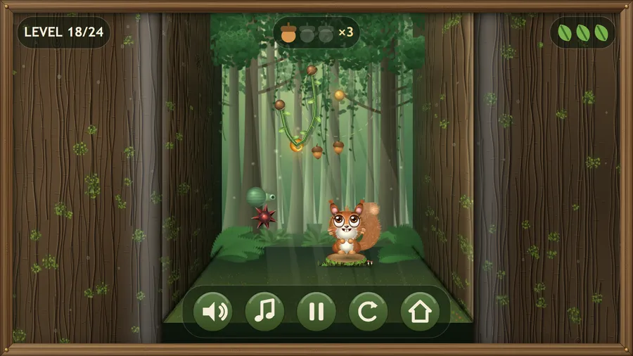 Level 18 of 24: a honeydrop on vines over acorns, a thorn burr and a puff pod, with Pip the squirrel waiting on his stump