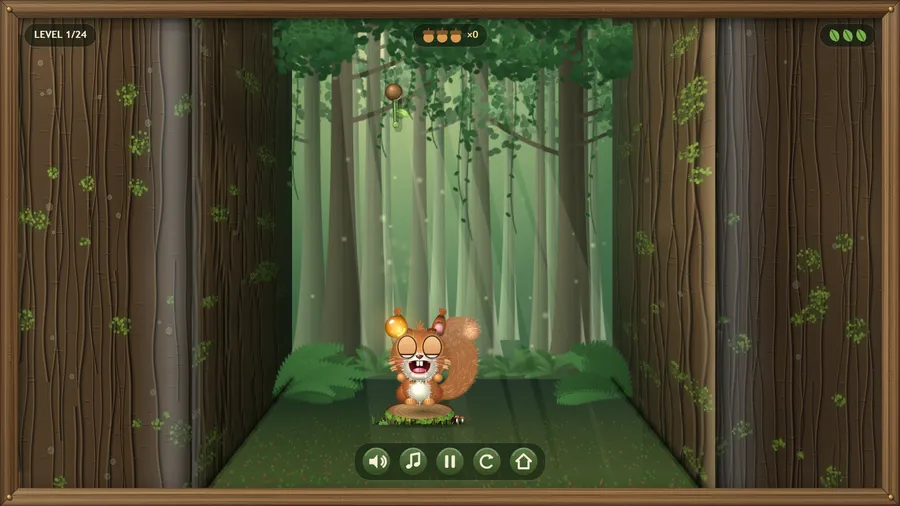 Level 1: the golden drop swings down from the cut vine into the squirrel's open mouth.