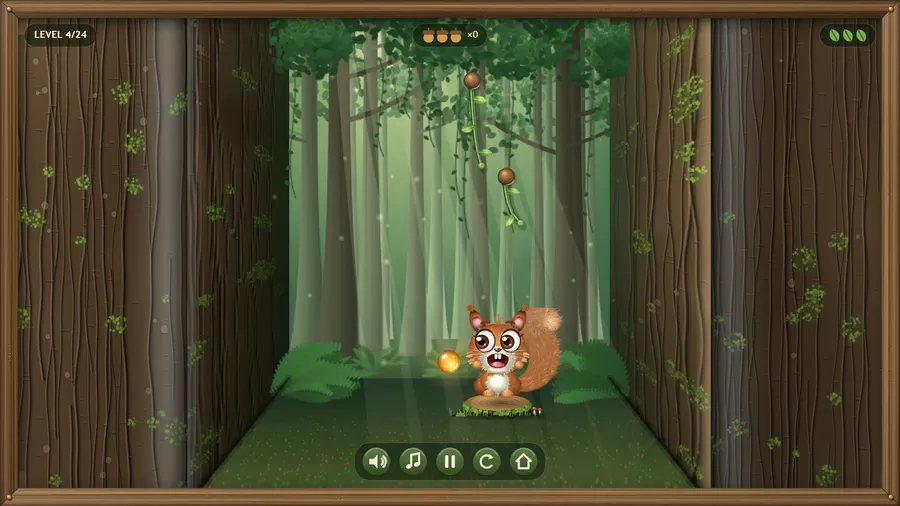 Level 4: two vines hang overhead as a glowing drop falls beside the wide-eyed squirrel.
