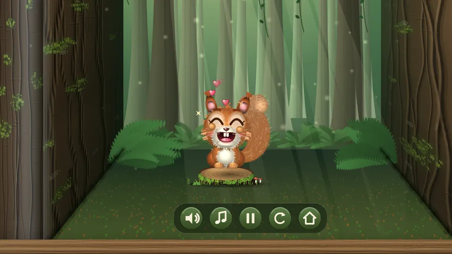 Pip dances on his stump with a big grin, paws up and hearts floating around his head