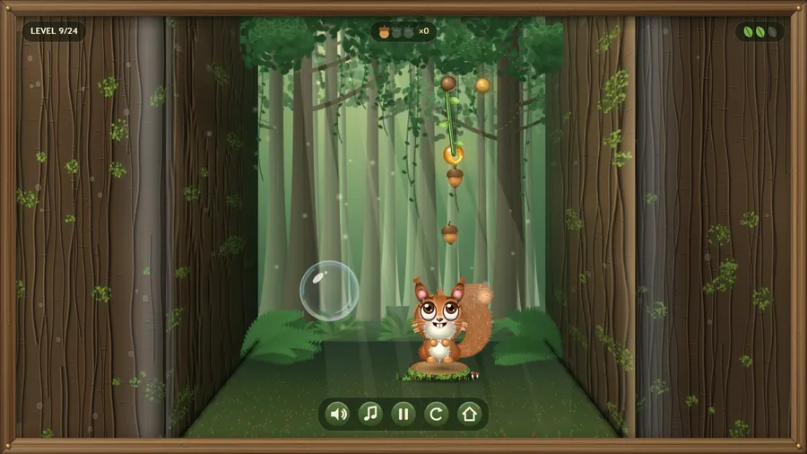 Level 9: acorns tumble down a hanging vine toward the squirrel, with a floating bubble on the left.