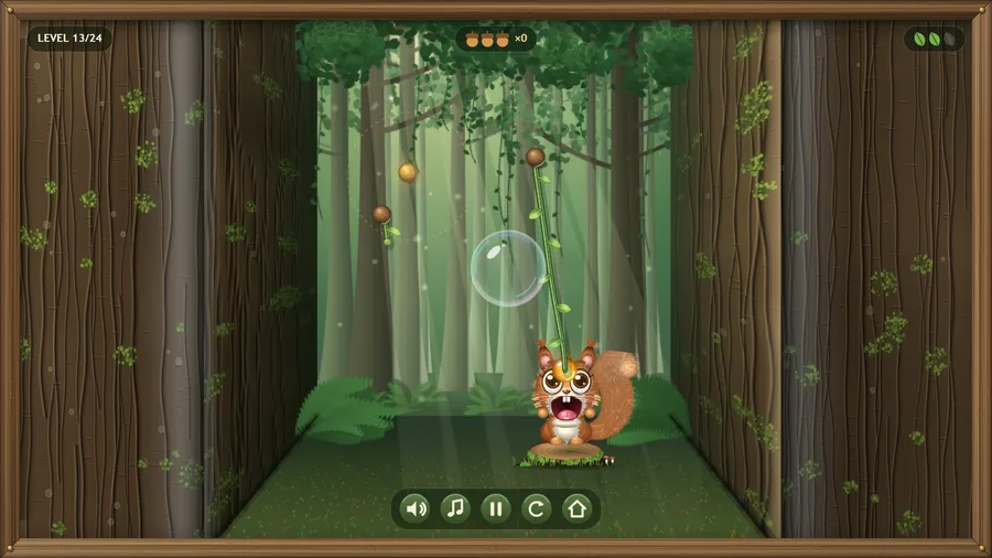 Level 13: a long vine reaches down to the squirrel's open mouth, with a bubble drifting beside it.