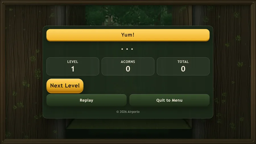Yum! level-cleared card showing level 1 with acorns and total score, and Next Level, Replay and Quit to Menu