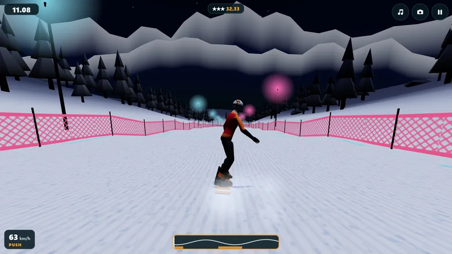 Night under coloured floodlights: a rider stands tall in a dip between rollers, pink fencing either side.