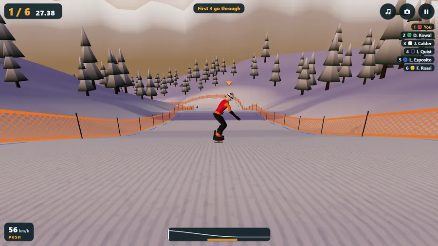 Sunset on a purple-lit course: a rider in red in the air off a jump, a table top and banked turn ahead.