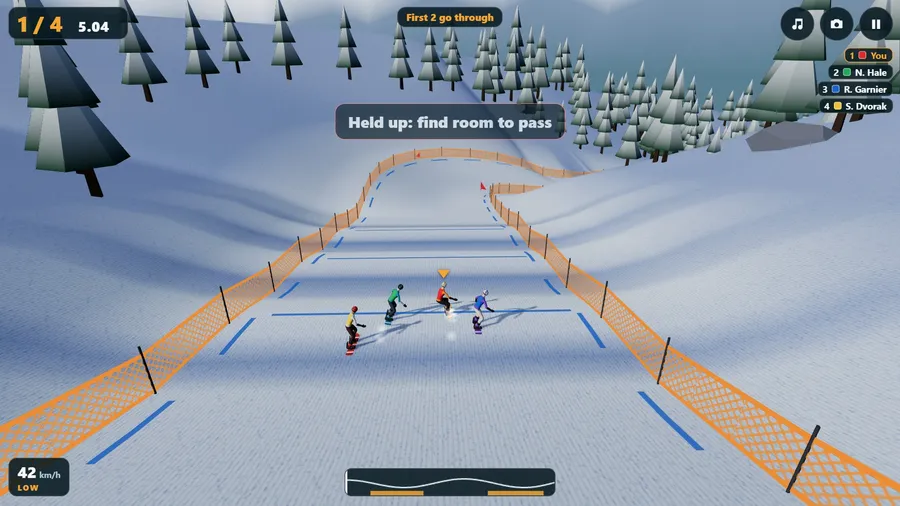 From high above, four riders in coloured bibs cross blue lines on a wide course that bends away between fences.