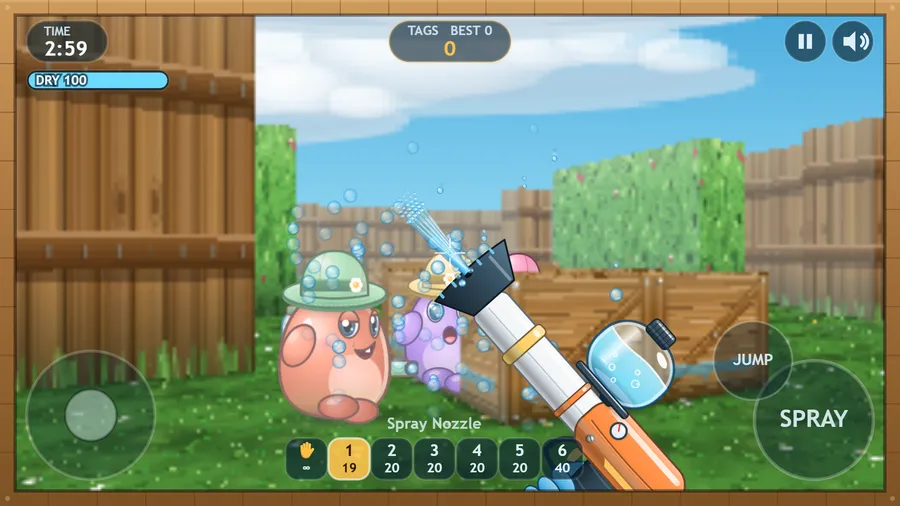 A Spray Nozzle sprays at two Splashkins by a crate, its barrel pointed at the crosshair; the HUD reads 2:59 and DRY 100