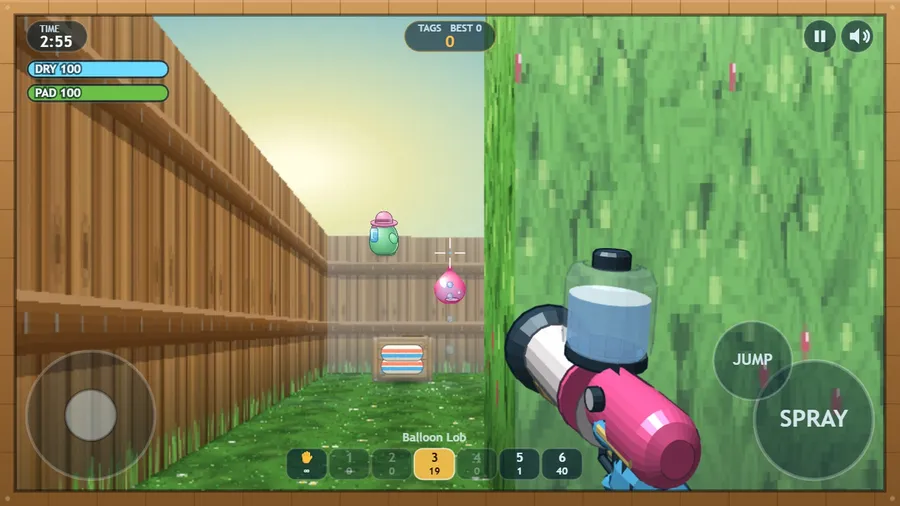 Balloon Lob in hand: a pink water balloon flies toward a hat-wearing rival beside a crate at the end of the lane.