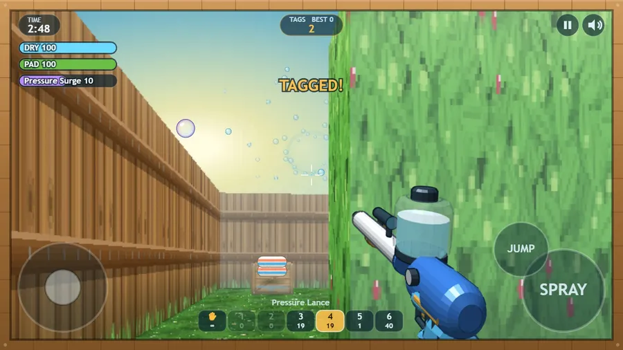Pressure Lance shot lands a hit: a TAGGED! message and a splash of droplets, with Pressure Surge active and 2 tags.