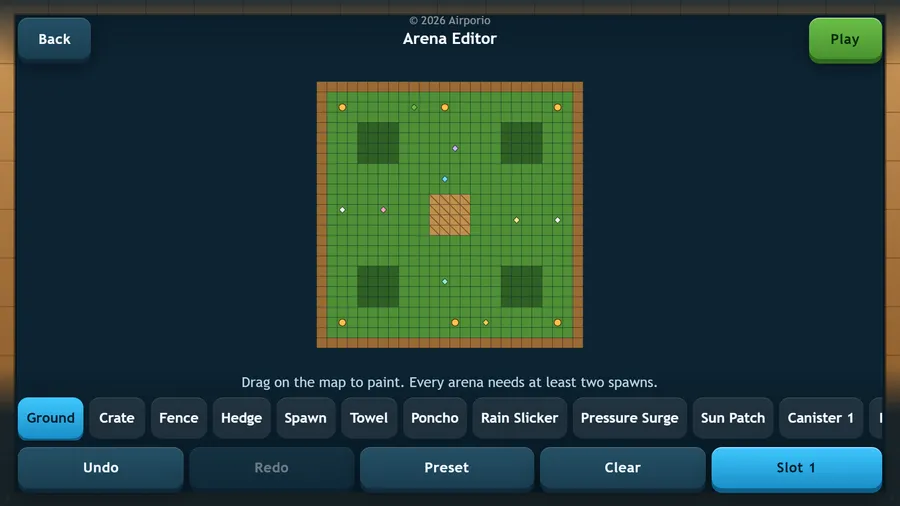 Arena Editor: a green grid yard with four hedges, a central crate and pickups, above Ground, Crate, Fence and other brushes