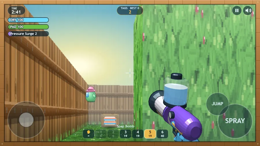 Soap Bomb launcher in a purple casing aimed down the lane at a pink hat-wearing rival, with the weapon bar showing ammo.