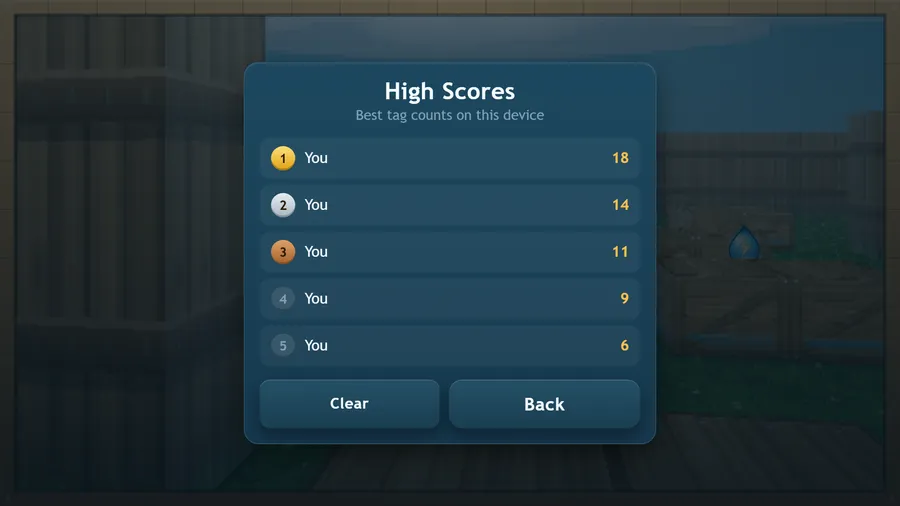 High Scores, best tag counts on this device: You with 18, 14, 11, 9 and 6, above Clear and Back buttons