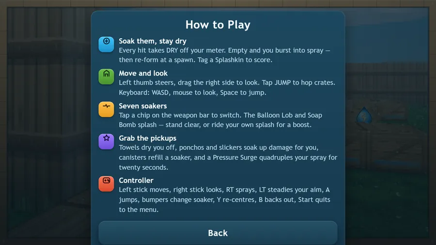 How to Play panel with five tips: Soak them, stay dry; Move and look; Seven soakers; Grab the pickups; Controller