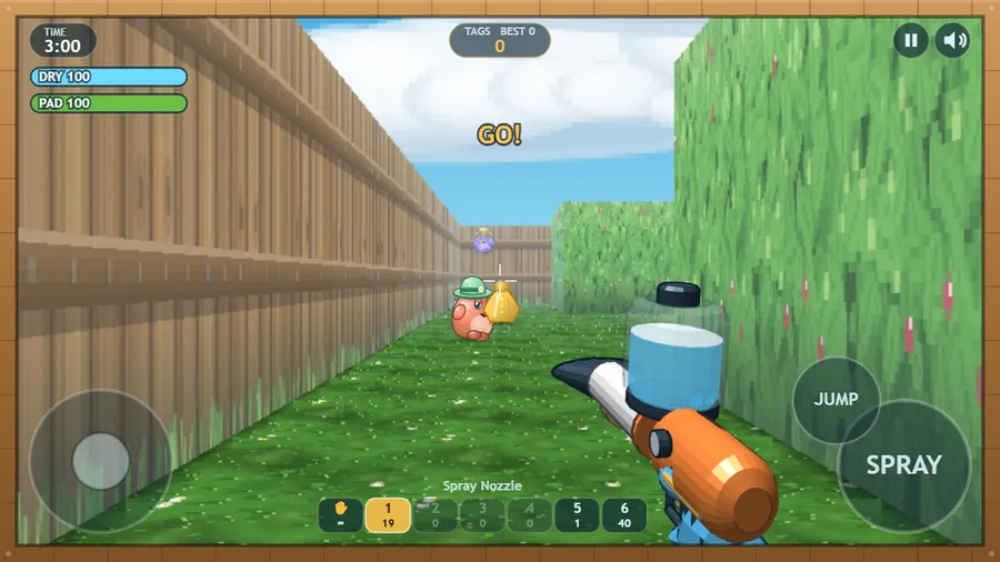 A match just started: GO! shows over a long garden lane as an orange Spray Nozzle sprays at a distant rival.