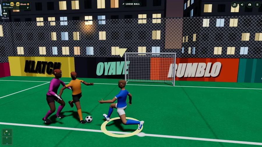 Close behind a blue player as he reaches the ball in front of an orange defender and the keeper, the goal just beyond.
