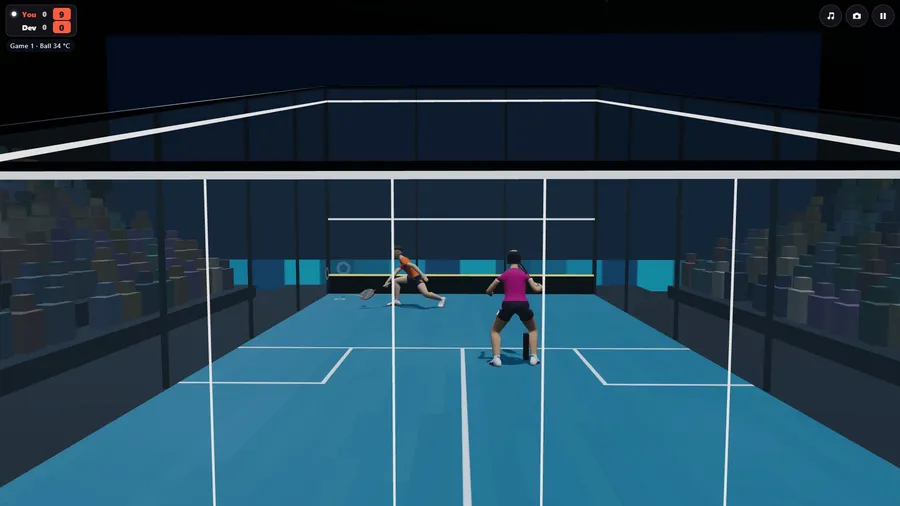 The all-glass show court through its back wall: you lunge for a low ball near the front wall, Dev behind you. You lead 9-0.
