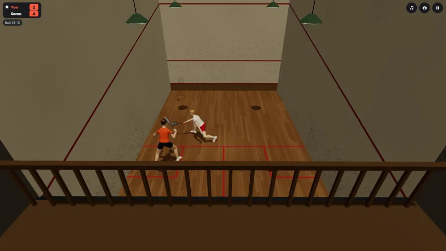 The old court from the gallery: dark boards, cream plaster, shaded lamps, and Soren lunging for the ball beside you at 2-4.