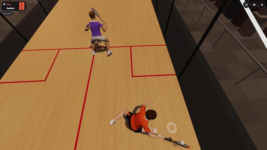 The plaza court from over your shoulder: a low ball by the glass side wall, Anders waiting on the T. You lead 5-0.
