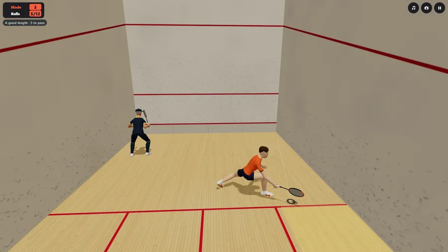 A coaching drill on the club court: you lunge to drive a good length while the coach waits near the front wall. 3 made.