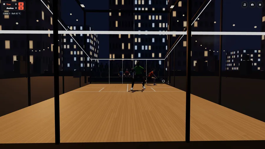 The rooftop court at night from the front wall: you reach for a low ball, Amina on the T, city towers behind. You lead 9-3.