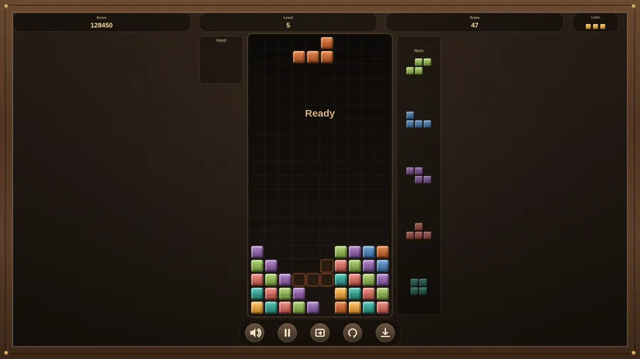 An orange piece at the top of the well over a coloured stack, Ready in the middle; score 128450, level 5, 47 rows