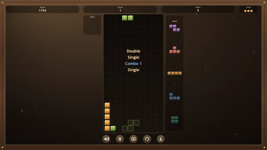 A combo moment: Double, Single and Combo 1 messages stack up in the well above a short row of blocks, score 1154.
