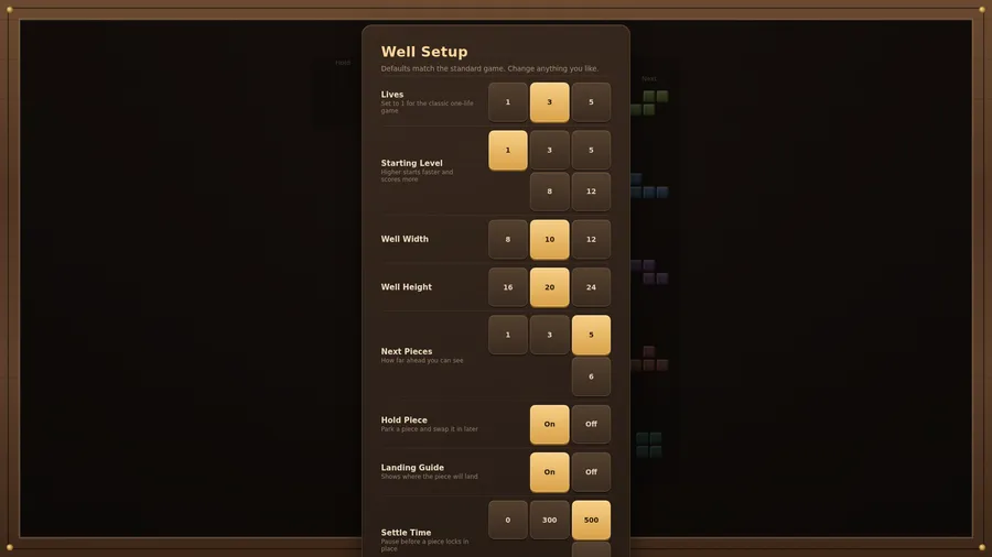 Well Setup panel with choices for lives, starting level, well width and height, next pieces, hold piece and landing guide