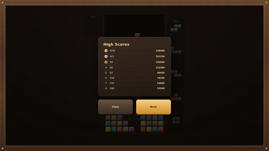High Scores list of eight three-letter names led by ROW with 238400, above Clear and Back buttons