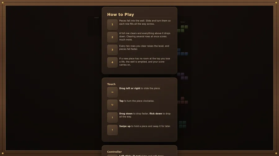 How to Play panel: four numbered rules, then Touch: drag to slide, tap to turn, drag down to drop, swipe up to hold