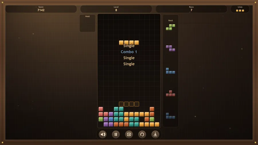 Level 8 on a wider well: a full-width stack of coloured blocks, a yellow bar piece falling and Single and Combo 1 messages.