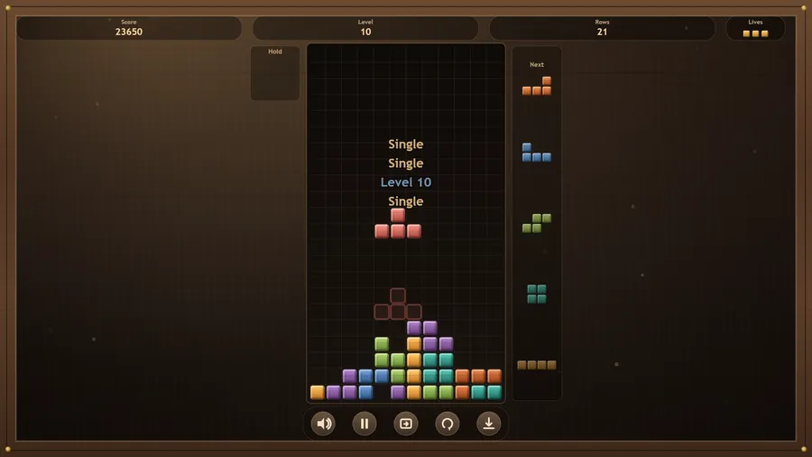 Level 10 reached with 21 rows cleared and a score of 23650, a red piece dropping onto a growing multicoloured stack.