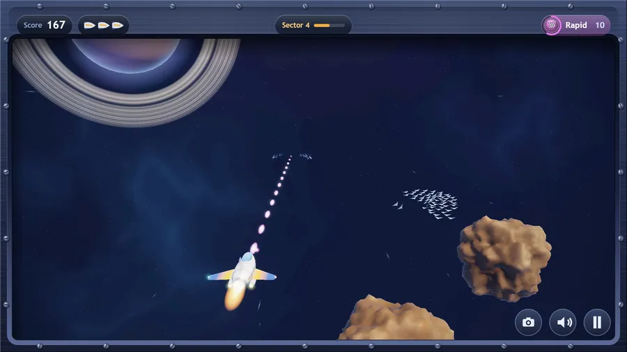 Chase view from behind the skiff: rapid fire streams ahead between two big asteroids and a flock of drones; Sector 4