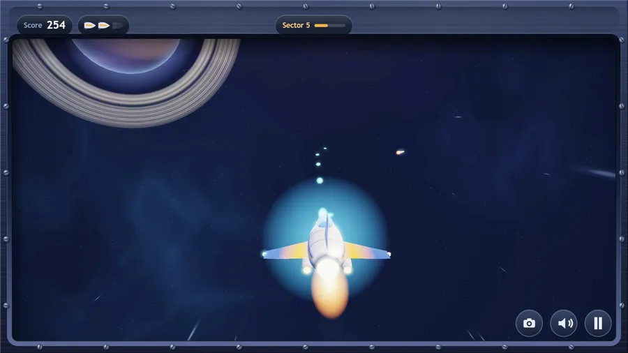 Close view down at the tail: the skiff, shielded just after a respawn, fires ahead; Sector 5, score 254