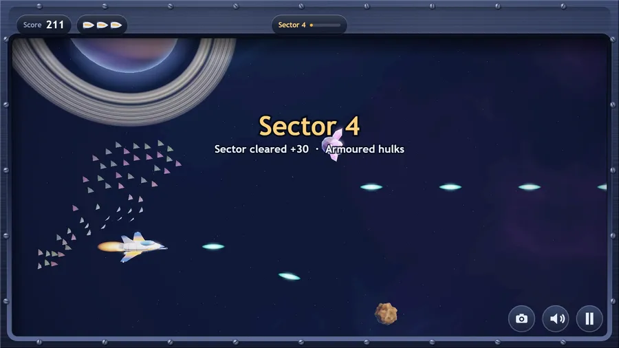 Sector 4 card over live play: Sector cleared +30, Armoured hulks, with a drone swarm trailing the skiff