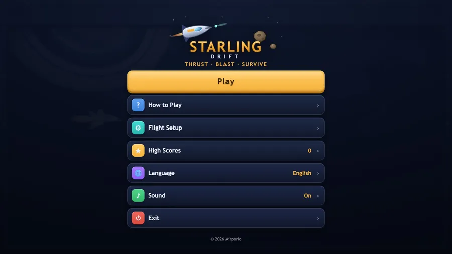 Starling Drift menu: Play, How to Play, Flight Setup, High Scores, Language, Sound and Exit