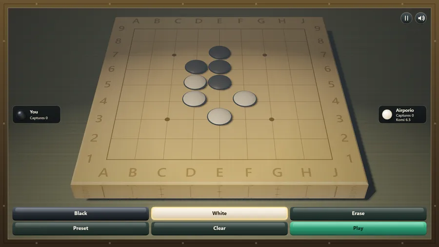 Board Editor on the 3D 9×9 board with four black and four white stones, and Black, White, Erase, Preset, Clear and Play